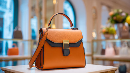 Stylish Orange Handbag Displayed in a Boutique Setting with Blurred Backgroundの素材
