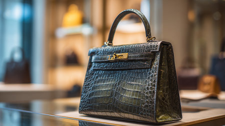 Luxurious crocodile handbag with golden hardware, showcased in an exclusive retail storeの素材