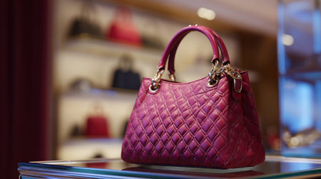 Exquisite quilted handbag in a boutique setting with blurred backgrounds adding allure.の素材