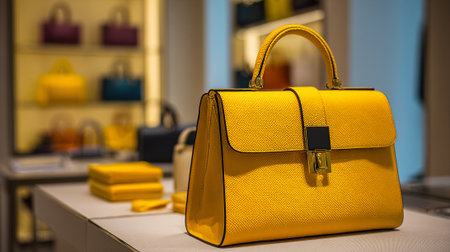 Elegant Yellow Handbag Displayed in a Luxurious Fashion Boutique Environmentの素材