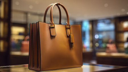 Stylish tan leather handbag with sleek gold hardware on a display case.の素材