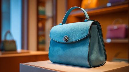 Elegant blue handbag sitting on a retail display shelf in a boutiqueの素材