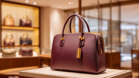 Elegant maroon leather handbag with gold accents on display in a boutique.の素材