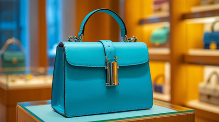 Luxurious turquoise handbag with shiny golden accents displayed on a shelf.の素材