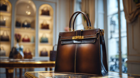 Elegant brown leather handbag displayed on a glass table in boutique.の素材