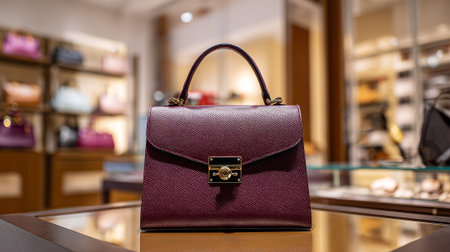 Elegant plum-colored handbag with gold clasp displayed prominently in boutique shop.の素材
