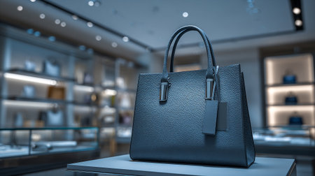 Elegant blue leather handbag on display in a luxury boutique store.の素材