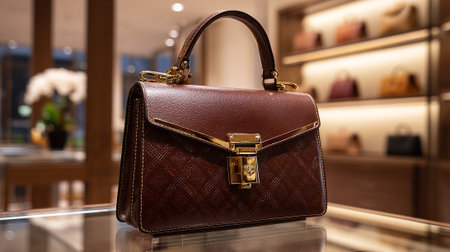 Elegant brown leather handbag with gold hardware displayed in a luxury shop.の素材