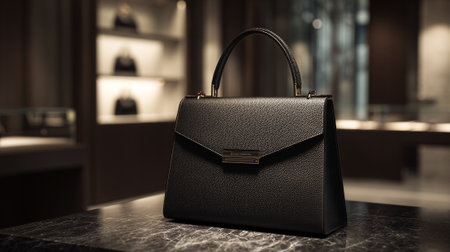 Sophisticated Black Leather Handbag Displayed on a Luxurious Marble Countertop in Boutiqueの素材