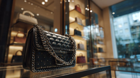 Elegant Black Quilted Handbag with Silver Chain in a Retail Settingの素材