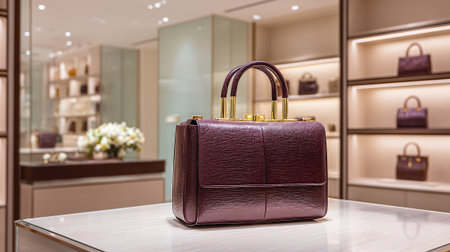 Luxurious maroon handbag displayed in a high-end boutique with stylish accessories.の素材