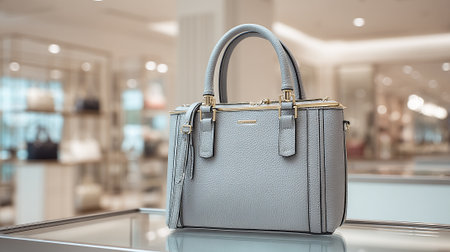 Elegant Grey Leather Handbag Displayed on Glass Shelf in Luxury Boutiqueの素材