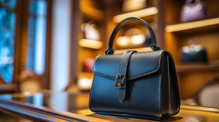 Elegant dark leather handbag displayed within a luxury boutique setting beautifully lit.の素材
