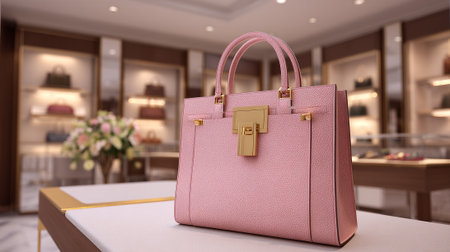 Elegant pink leather handbag with gold accents displayed inside a luxury store.の素材