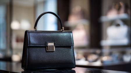 Elegant black leather handbag with shiny metallic clasp and handle hardware.の素材