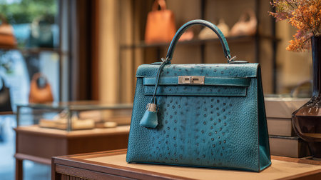 Teal Ostrich Leather Handbag on Wooden Display Inside Upscale Boutiqueの素材