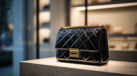 Chic Black Quilted Handbag with Gold Chain on Marble Display Counterの素材