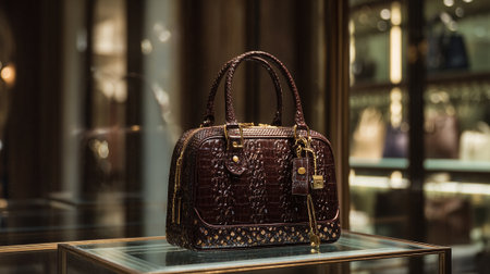 Elegant crocodile leather handbag with golden accents on display in boutiqueの素材