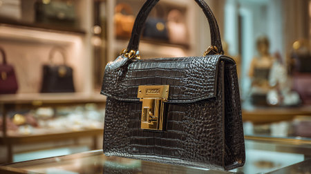 Elegant textured leather purse with golden accents showcased in retail environmentの素材
