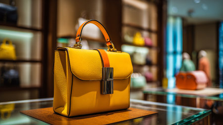 Elegant yellow handbag on display in a luxury boutique setting for purchase.の素材
