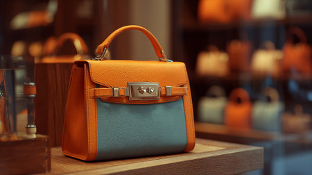 Exquisite designer handbag in vibrant colors on display, showcasing luxury fashionの素材