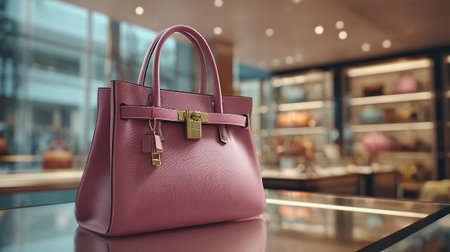 Elegant pink leather handbag with gold hardware showcased in a retail environmentの素材