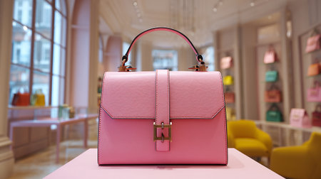 Exquisite Pink Leather Handbag Displayed in Upscale Boutique Setting with Soft Lightingの素材