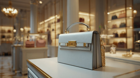 Luxurious white leather handbag featuring golden accents displayed in a stylish boutiqueの素材