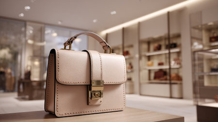Luxurious handbag displayed on a table in a high-end boutique environment.の素材