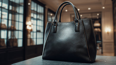 Elegant black leather handbag displayed in a luxury store setting with soft lightの素材