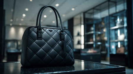 Elegant quilted black leather handbag on display in a retail boutique.の素材