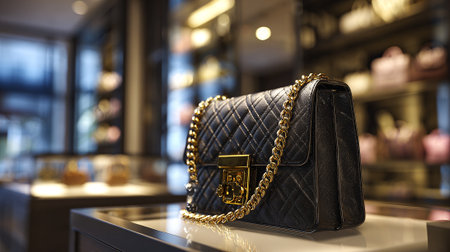 Elegant black leather handbag with gold chain in a luxury boutiqueの素材