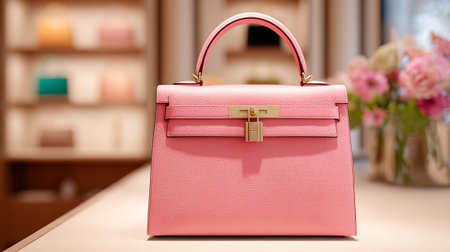 Luxurious pink handbag displayed in a shop with blurred floral decorations.の素材