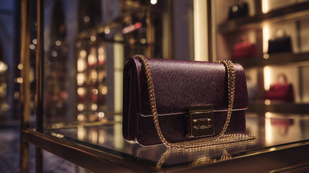 Stylish textured burgundy handbag with a golden chain on a glass shelfの素材