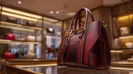 Sophisticated burgundy leather handbag with gold accents displayed in retail storeの素材