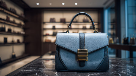 Elegant blue leather handbag on a marble counter inside upscale boutiqueの素材
