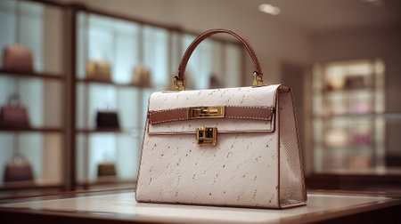 Elegant Designer Handbag Displayed in Boutique Setting with Subdued Lightingの素材