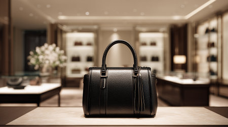 Elegant black leather handbag displayed prominently in a luxury boutique settingの素材
