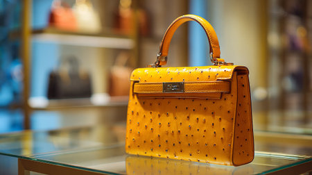 Vibrant Yellow Ostrich Leather Handbag on Display Exuding Luxury and Styleの素材