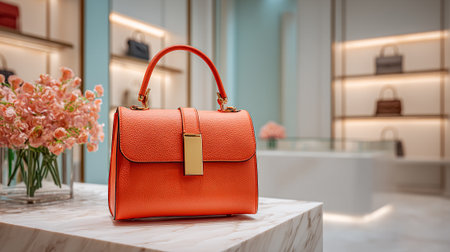 Elegant orange leather handbag with floral arrangement on marble countertop displayの素材