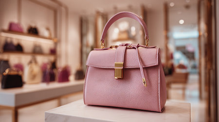 Elegant pink leather handbag displayed in a luxury fashion boutique settingの素材