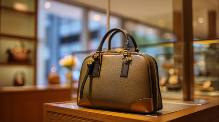 Luxurious Leather Handbag Elegantly Displayed in a Boutique Store Settingの素材