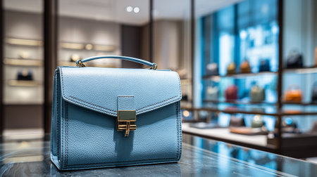 Luxurious light blue leather handbag with golden accents in a modern boutiqueの素材