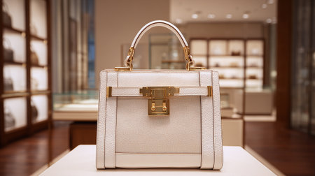 Elegant Ivory Leather Handbag Displayed in a Luxurious Boutique Settingの素材