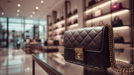 Luxury Leather Quilted Handbag Displayed in Elegant Boutique with Gold Chainの素材
