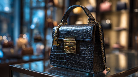 Elegant Black Crocodile Handbag with Gold Hardware Displayed in Boutique Settingの素材