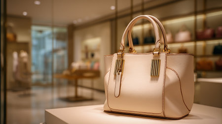 Elegant Designer Handbag Displayed in a Boutique Shopping Environmentの素材