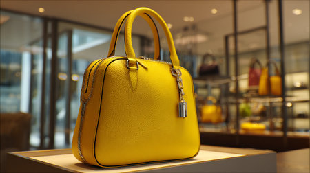 Elegant Yellow Handbag on Display in a Boutique Window Settingの素材