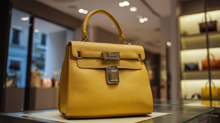 Stylish yellow leather handbag showcased on a display table at a store.の素材