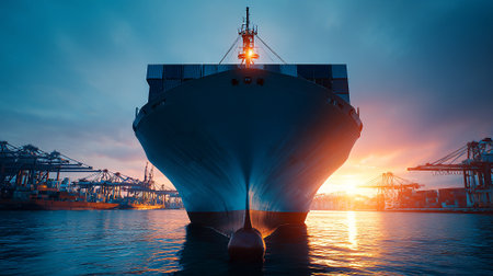 Container Ship Bow at Port at Sunset, Facing Camera, Dramatic Lightingの素材